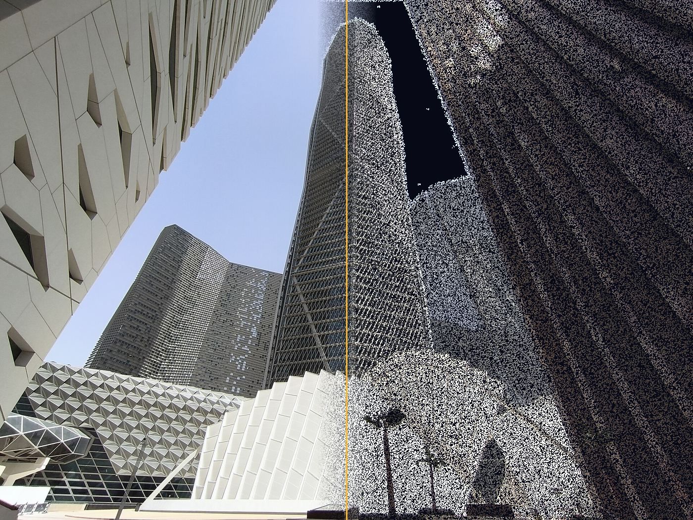 Point cloud view up the curved KAFD towers in Riyadh, from an AIM United laser scan