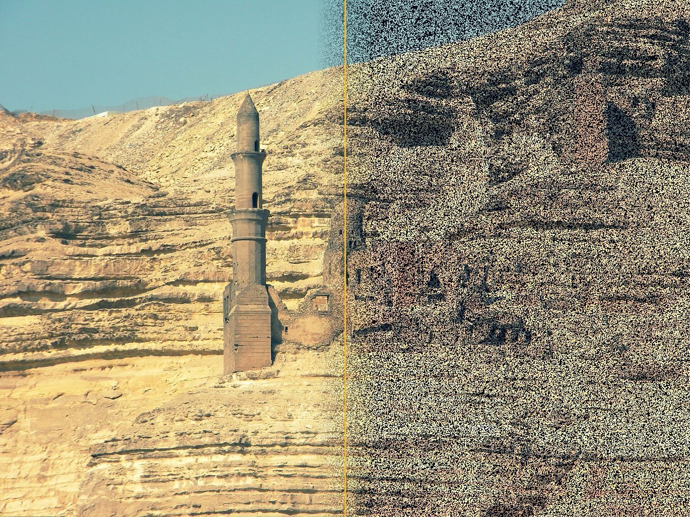Shahin Al Khalwati Mosque minaret in Cairo, half photo and half laser-scan point cloud, scanned by AIM United