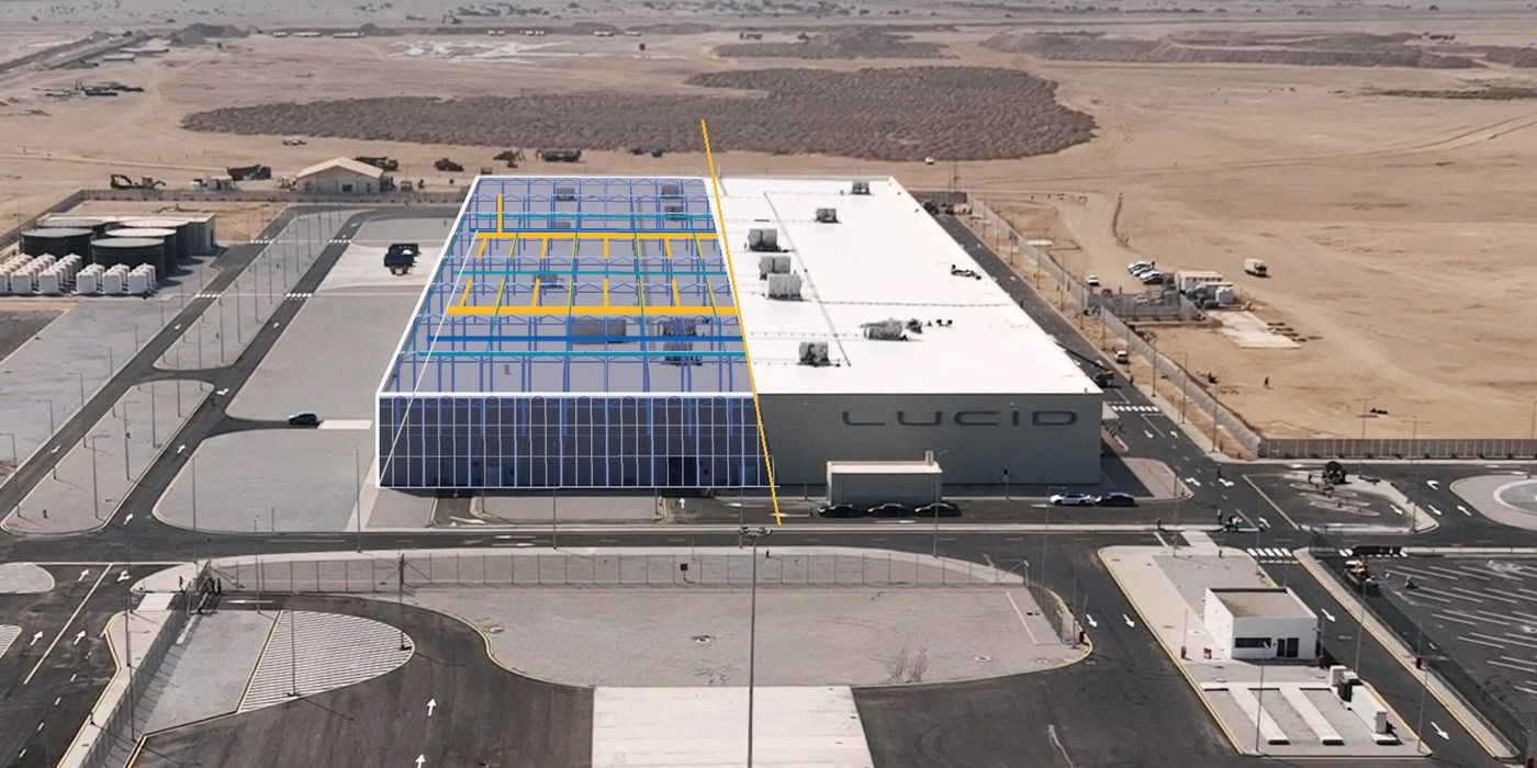 Lucid Motors plant in KAEC from the air with BIM coordination lines, an AIM United project