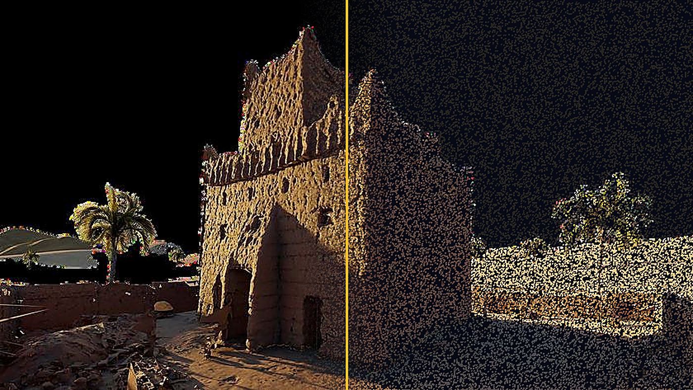 Najran mud-brick tower house as raw scan points and coloured point cloud, captured by AIM United