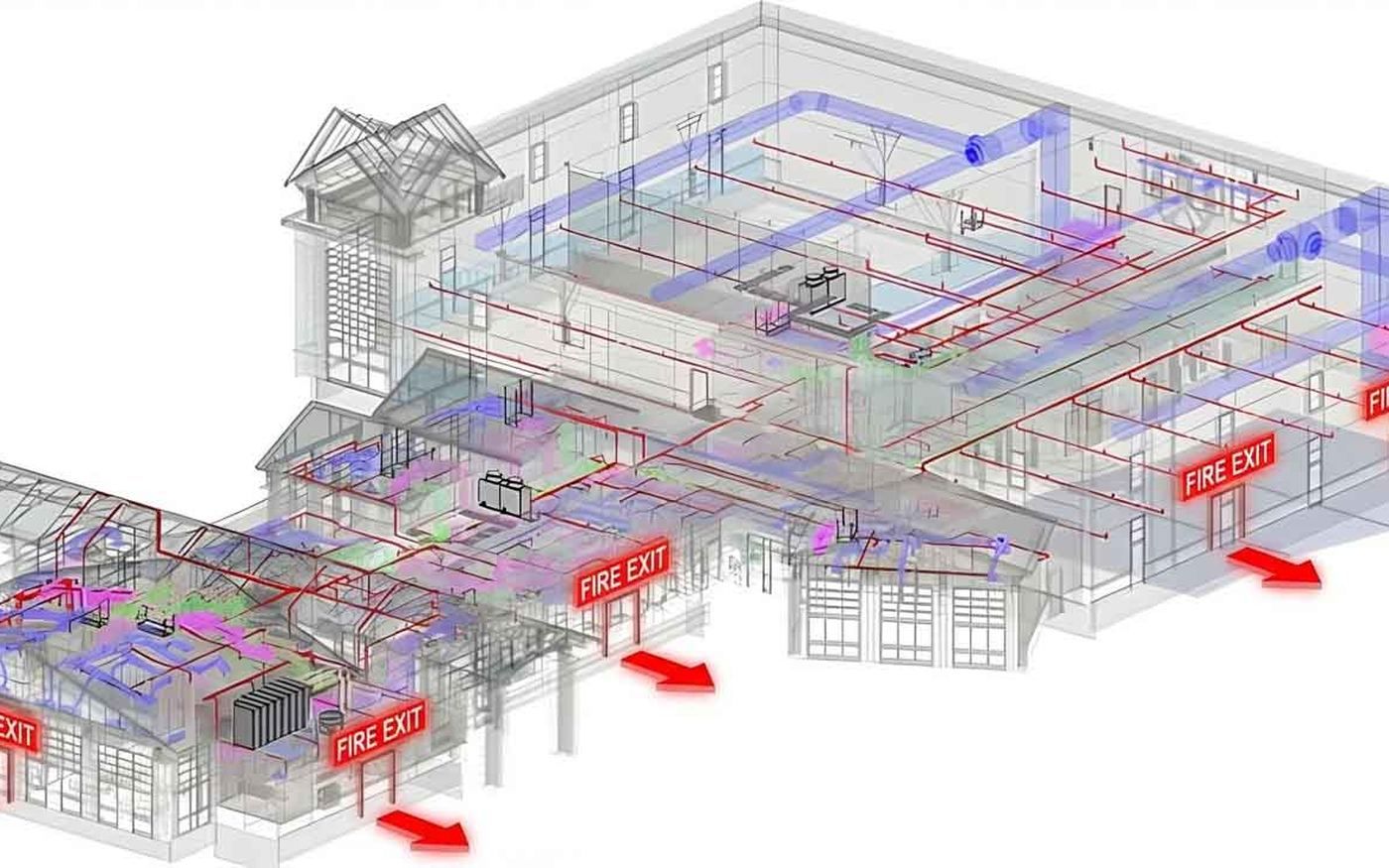 Federated MEP BIM model of the Living Heritage centre in Qiddiya by AIM United, with fire exits marked