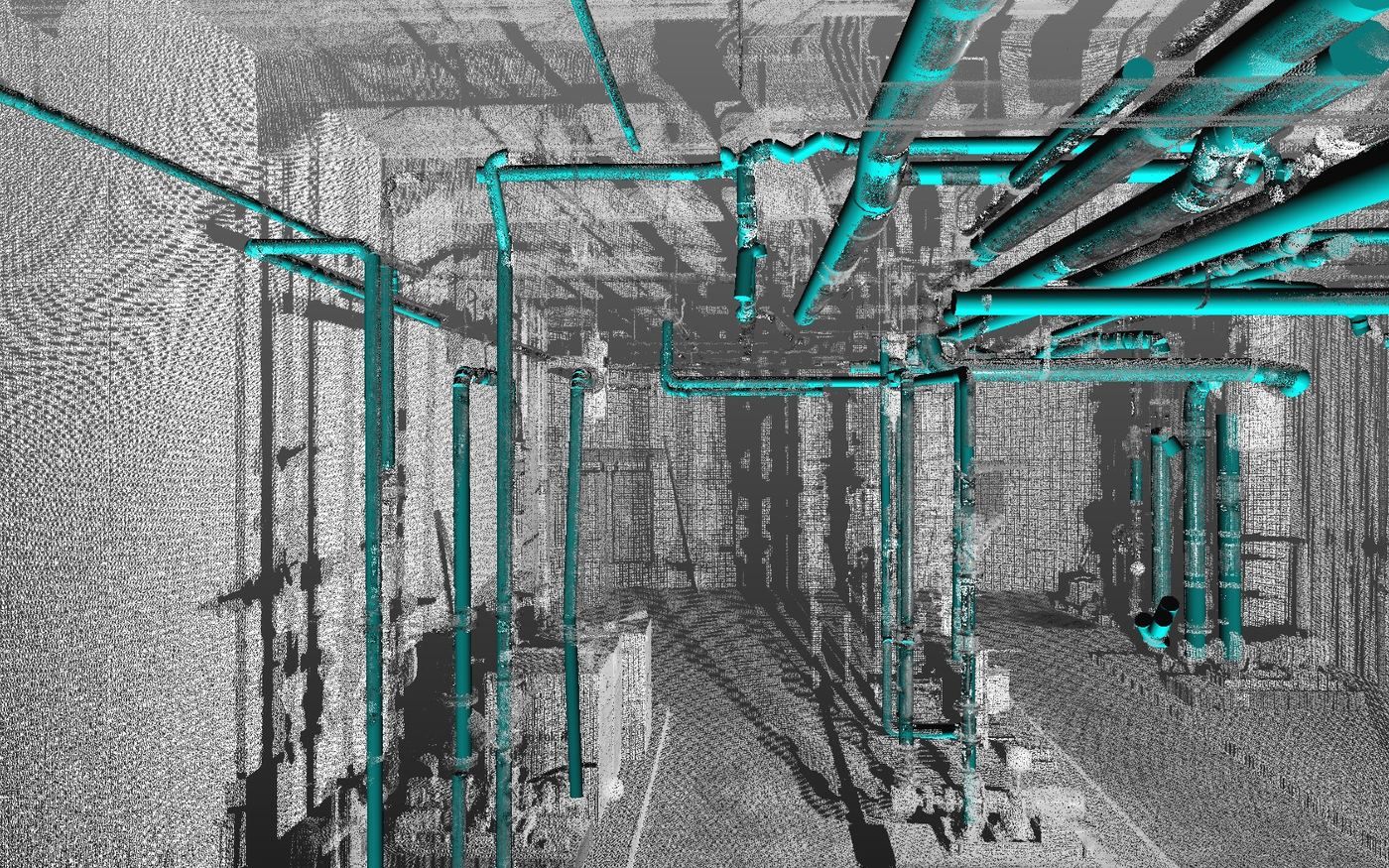 AIM United MEP pipework and ducts modelled over a laser-scan point cloud of a hotel plant area