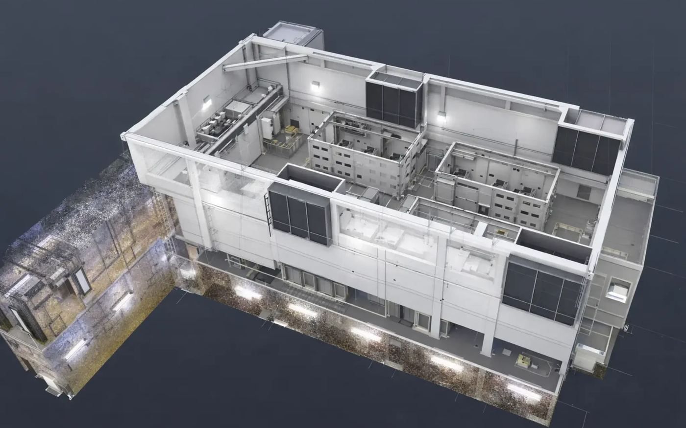 AIM United BIM model of a Qiddiya hotel block cut open to show rooms, plant and facade lighting