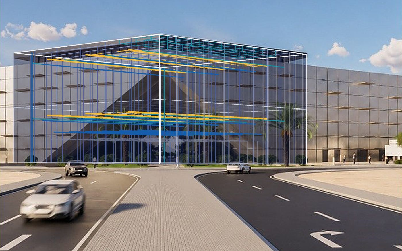Render of the Salboukh Data Centre in Riyadh with BIM coordination lines, an AIM United project