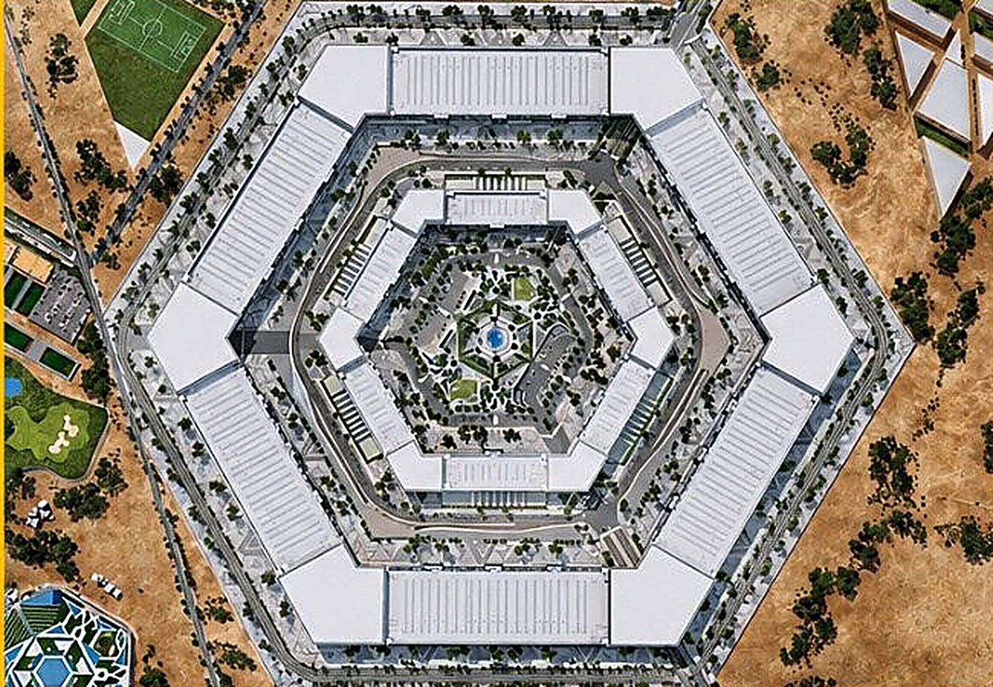 Aerial view of the hexagonal Salboukh data-centre campus in Riyadh, an AIM United BIM project